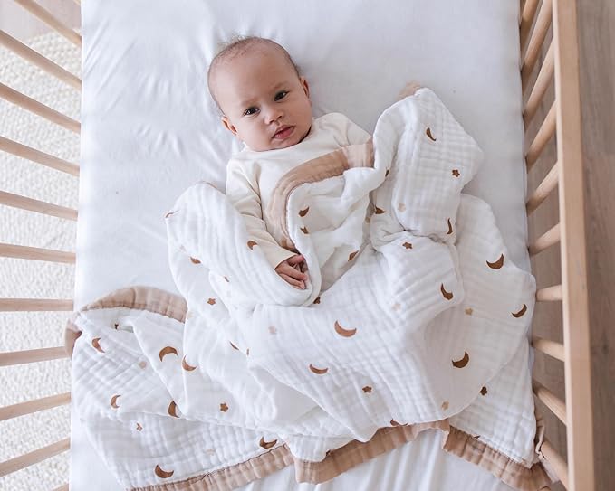 100% Cotton Muslin Baby Blanket | Soft & Breathable 6-Layer Swaddle & Receiving Blanket | Lightweight Quilt for Newborns, Infants & Toddlers | Gender-Neutral (Moonlit Dreams)