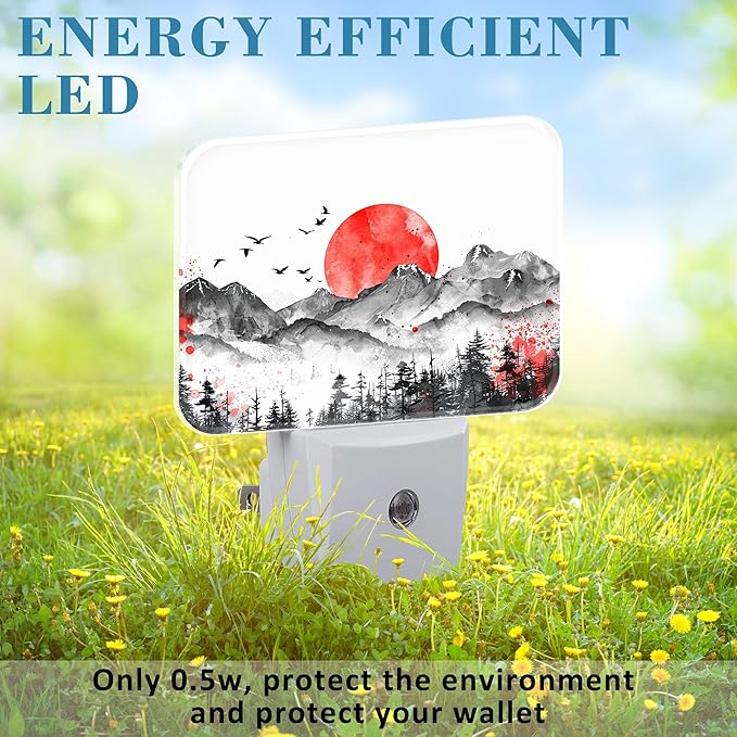 Mountains and Red Sun Night Light Ink Painting Nightlight Plug into Wall with Dusk to Dawn Sensor for Kid Girls Boys Women Men Room, Hallway, Kitchen, Bathroom, Stairs Decor