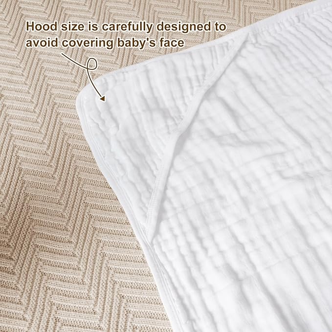 david's kids 2 Pack Hooded Baby Towels, 100% Muslin Cotton 6-Layer Ultra Soft Breathable Absorbent Baby Bath Towels for Infant and Toddler, Newborn Essentials, Large 32x32Inch, White