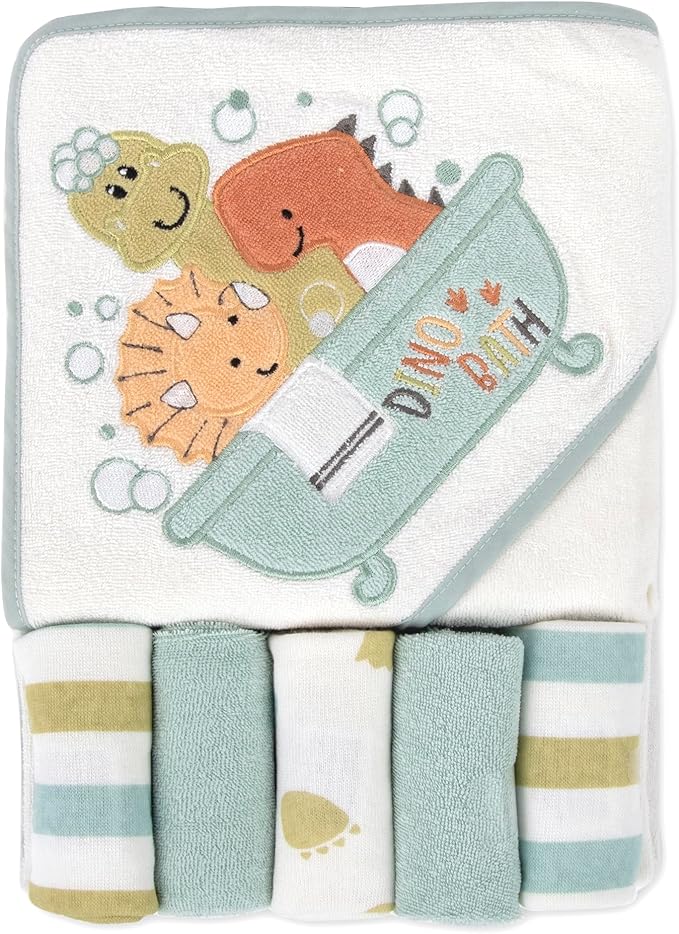 Baby Hooded Bath Towel and Washcloth Set for Infants, Boys and Girls 6-12 Months (Drippy Dinos)