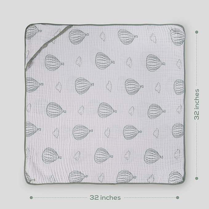 Muslin Hooded Baby Towels for Newborns, 32"x32", 100% Cotton – 6 Layers Super Soft Absorbent Breathable, Baby Bath Towel, Toddler Bath Towel – Pack of 2