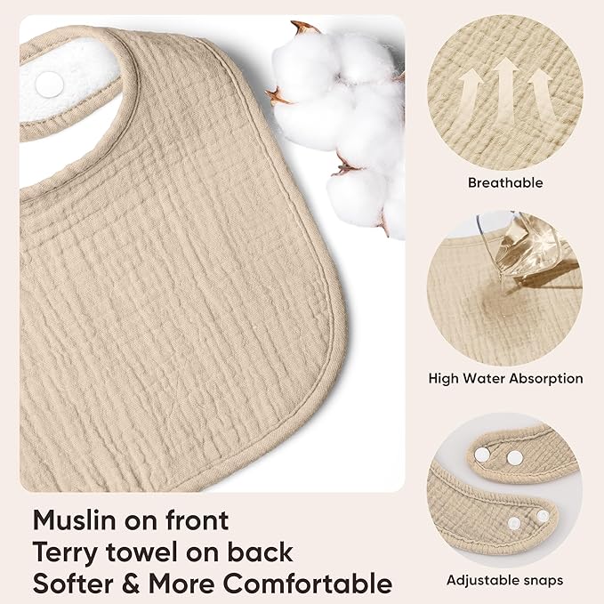 Bearmoss Muslin Baby Drooling Bibs 8 Pack, 100% Cotton Square Adjustable Bandana Bibs Gift for Baby Girls Boys Teething Drool
