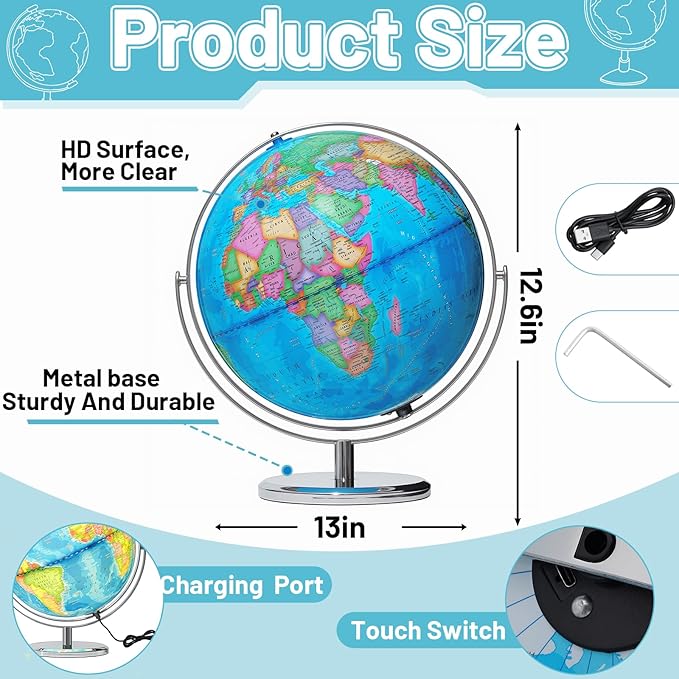 13" Illuminated Globes, 720° Spinning Globe with Touch Switch & Light Up Without Charging & 3 LED Lighting Modes for Classroom Education & Bedroom Decor, Inspire Geography Interest