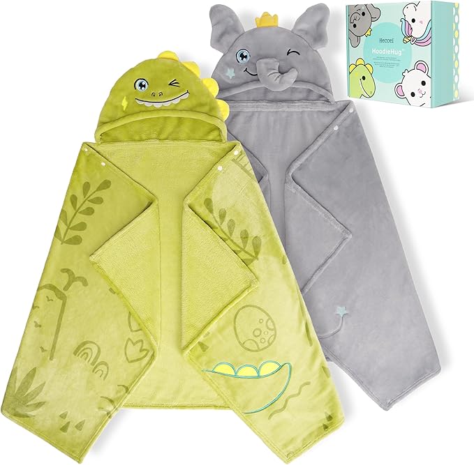HECCEI HoodieHug Baby Towels, Premium Coral Fleece Bath Towel with Large Size-Ultra Absorbent for Baby Comfort- Great Gift for Newborn, Toddler and Kid (Dinosaur + Elephant)