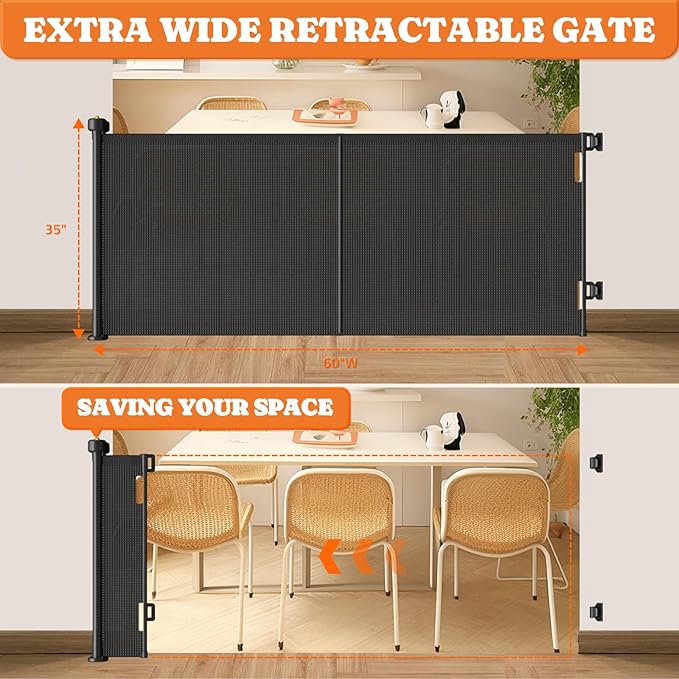 Upgrade Retractable Baby Gates, 35" Tall Extends up to 60" Wide, Mesh Dog Gate Indoor for Stairs, Outdoor Reinforced Pet Gate with Support Rods for Doorways Hallways Kitchen Bedroom, Black