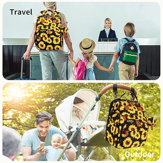 KABAQOO Diaper Bag Backpack with Detachable Changing Station, Large Capacity Baby Diaper Bags for Boys & Girls, Baby Registry Search Stuff & Shower Gifts, Newborn Essentials Must Haves, Sunflower