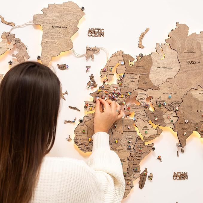 Enjoy The Wood 3D Wood World Map LED 3.0 Wall Art Modern Home Decor Gifts LED Lighting Wall Decor Housewarming Gift (Terra)