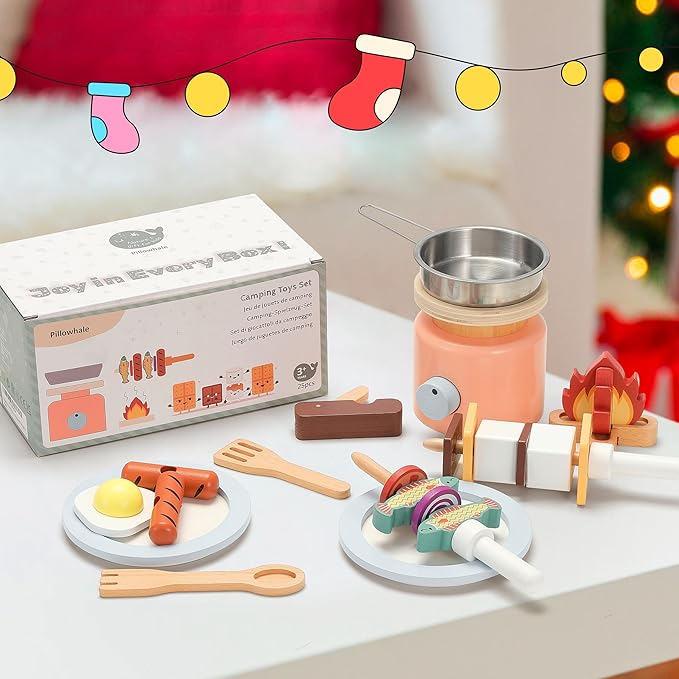 Wooden Campfire Playset – 25-Piece Kids S’Mores & Grill Pretend Camping Kitchen Toy, Glow-Look Fire, Skewers, Pan & Food, STEM Screen-Free Outdoor BBQ Gift for Boys & Girls Age 3+