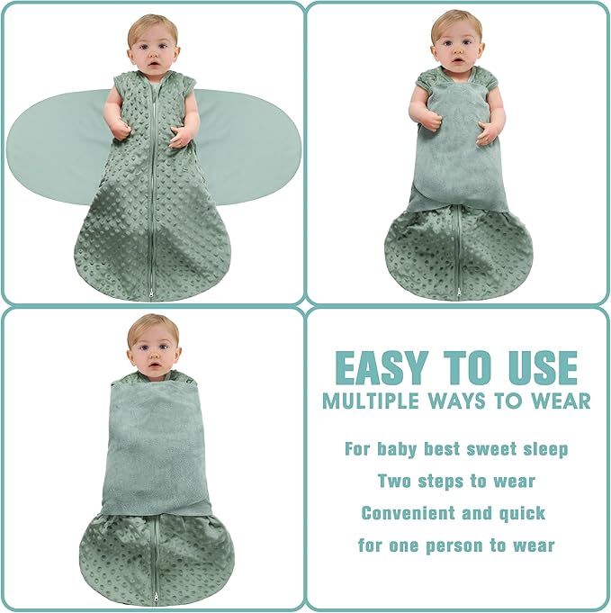 Fleece Newborn Sleep Sack Baby Swaddle,3-Way Adjustable Wearable Blanket,2 Pack Fleece Swaddling Sleeping Bag TOG 2.0， (Blue&Green, 6-12 Months)