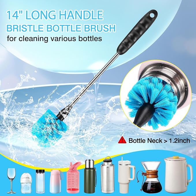 5 Pack Bottle Cleaning Brush Set, Stainless Steel Scrub Cleaner Brush with 14'' Long Handle and 3 Straw Brushes, Flexible for Cleaning Sport Water Bottles, Straws, Coffee Mug, Cups, Baby Bottle