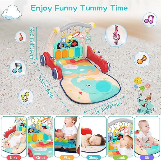 Baby Play Mat Gym, 2 in 1 Baby Walker Tummy Time Activity Mat with 5 Infant Sensory Toys, Music and Lights Floor Play Mat as Birthday Gift for 0-12 Months Boys Girls