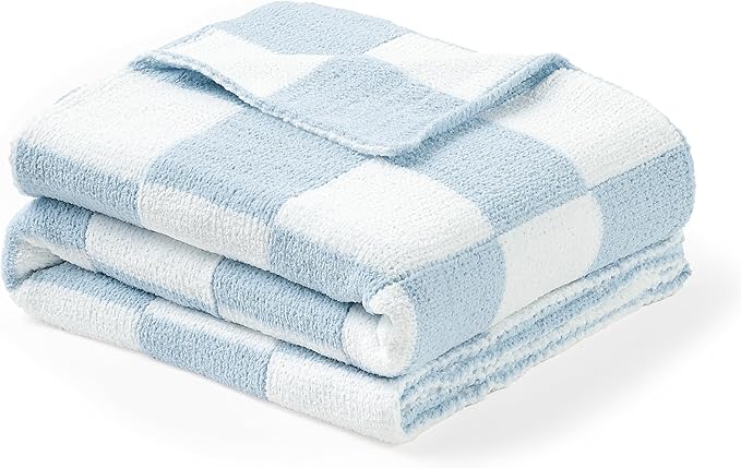 CREVENT 30"X40" Cozy Soft Warm Chenille Baby Blanket for Girls Boys, Newborn Essentials for Infant, Baby Shower Receiving Gift - Checked Blue 75X100cm