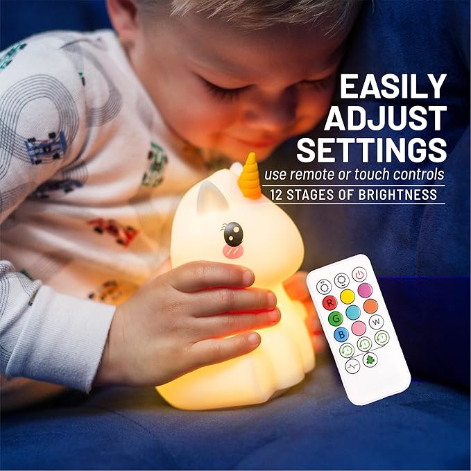 Lumipets Remote Control Silicone Night Light for Kids - Unicorn Design with 9 Soft Colors & Sleep Timer - Rechargeable, Battery-Operated Lamp for Bedroom | Baby Nursery, Toddler, Girls, Boys