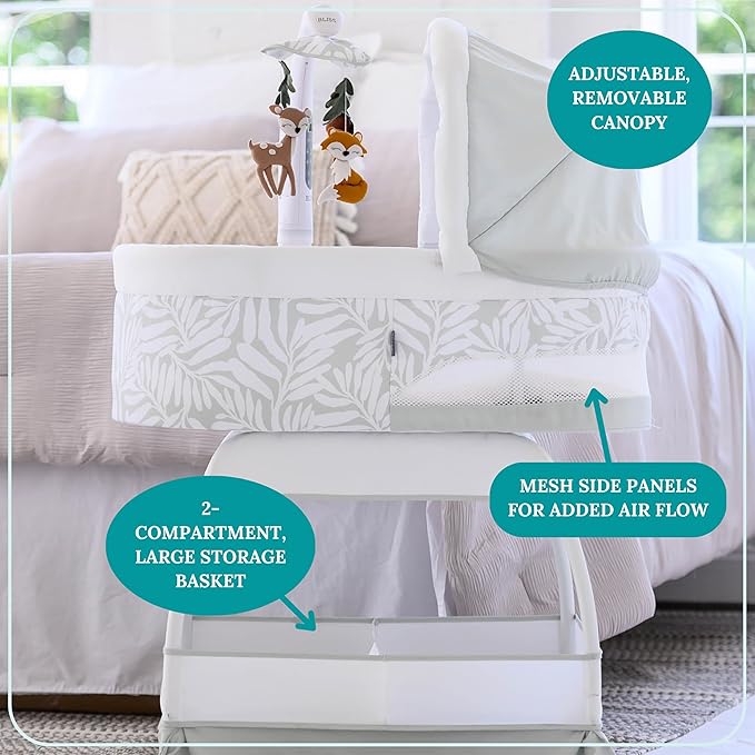 Baby Sweetli Calm Infant Bassinet Bedside Crib Sleeper with Cry Recognition, Electric Mobile with Deluxe Toys, Music, Nightlights, Vibration (Wheat Melange)