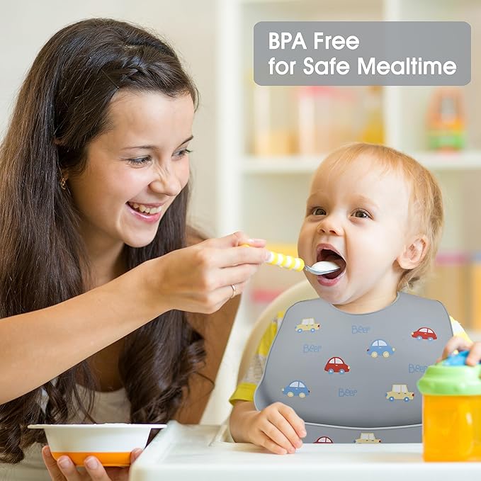 2 Pack Silicone Baby Bibs Adjustable Fit Waterproof Bib With Leak Proof Food Pouch Catcher for Eating Boys Girls
