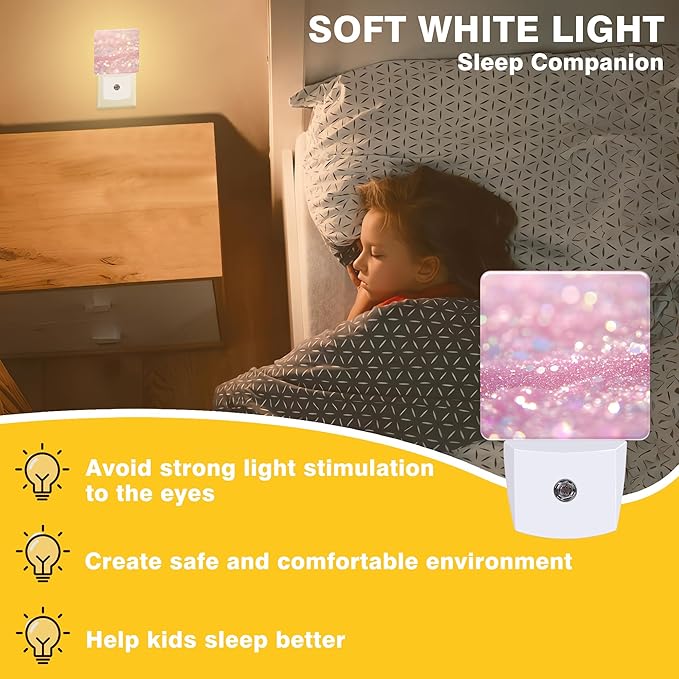 Pink Glitter Night Light, Plug-in Nightlight with Dusk to Dawn Auto Sensor for Home Bedroom Bathroom Hallway Stairway Kitchen 0.5W Sleep Friendly Led Lamp for Women Men