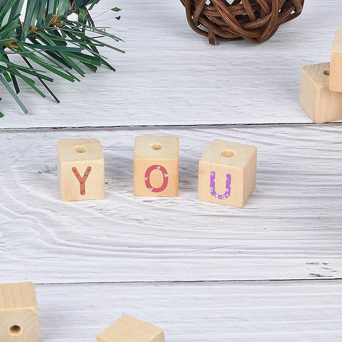 Supkiir Wood Craft Cubes - 100 Pack 1/2" Cubes with Holes, Unfinished Solid Beads Blocks for DIY Projects