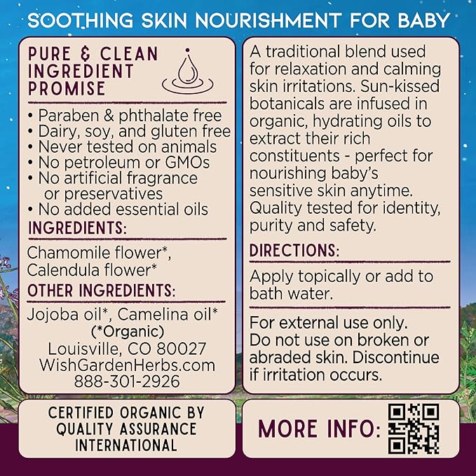 WishGarden Herbs Oh Baby! Chamomile Oil - USDA Certified Organic Baby Oil with Chamomile & Calendula, Moisturizes & Calms Skin Irritations, Baby Massage For Newborn, No Added Fragrance, 2oz