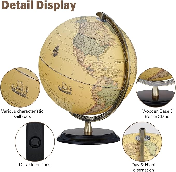 12'' Retro Illuminated World Globe with Wooden Stand, 2-1 Educ & Décor Antique Night Light up Globe Built in LED & HD Printed Map, Antique Illuminated Glob for Adults & Kids, Home Décor, Office