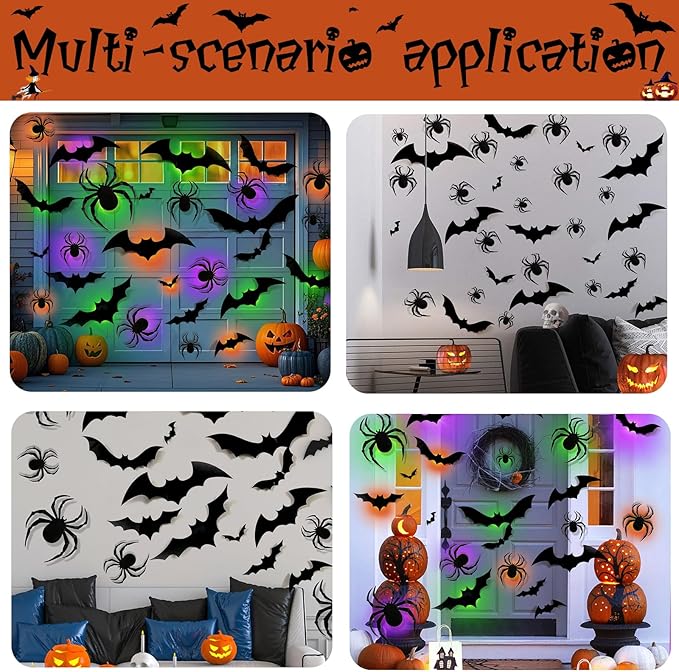 36 Pcs Halloween Wall Decor 3D Led Bats Spiders Wall Stickers Removable Light Up Spiders Bats Decals for Indoor Outdoor Window Door Halloween Party Decorations