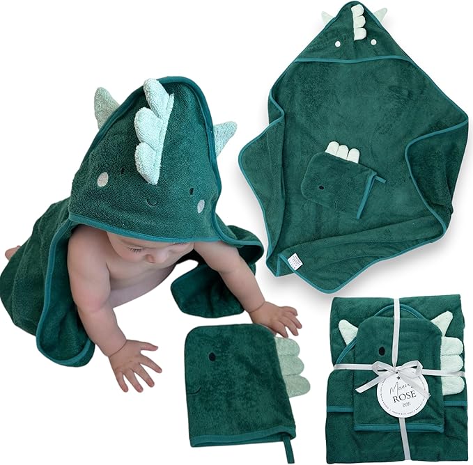 Hooded Baby Towel with Mitt - Ultra Soft Plush Bath Essential for Newborn, Infant & Toddler - Premium 30x30 Inch Large Absorbent Baby Bath Towels with Hood for Boys & Girls (Happy Dino)