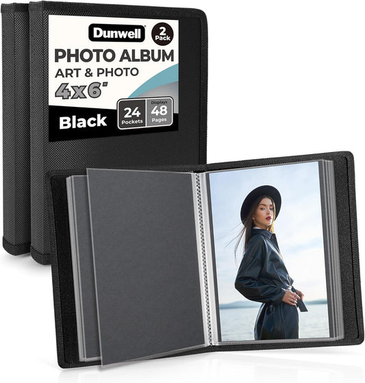 Dunwell 4x6 Photo Album (2-Pack, Black), Mounting Paper, Small 4 x 6 Art Portfolio Presentation Binder, 24 Clear Sleeves Show 48 Pages, Professional Picture Book for Artwork, Postcards