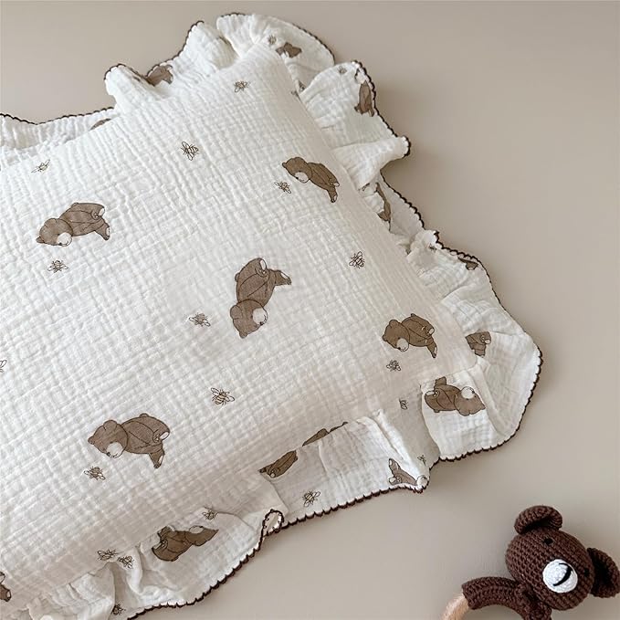 BuLuTu Cartoon Bear Muslin Pillowcase for Boys Girls Cute Animal Print Toddler Pillow Cases Soft Breathable Cotton Pillow Cover for Young Kids Bedding Nursery Decor,1 Piece, 20"x26"