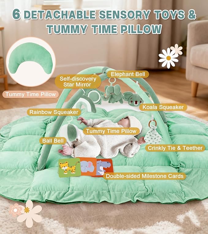 5-in-1 Baby Play Gym and Tummy Time Mat, Tummy Time Pillow & 12 Learning Cards, Plush Activity Mat with 6 Toys, Baby Gym, Convertible to Ball Pit & Pet Bed, Baby Gift, Sage Green