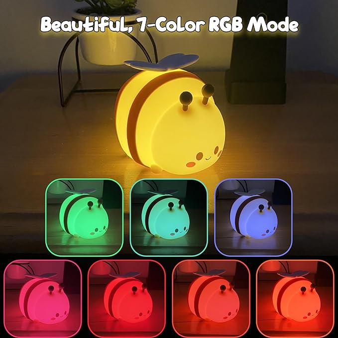 Cute Bee Night Light – Silicone Rechargeable Touch-Controlled Dimmable RGB Lamp with Adjustable Brightness & Multiple Color Modes – Ideal for Kids' Nursery, Bedroom, and Bedtime Décor