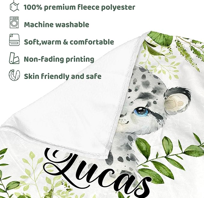 J&SBGFT Personalized Baby Blanket,Custom Naming Baby Receiving Blanket for Toddlers Kids Nursery Stroller Crib Decor Throw,Green Leopard