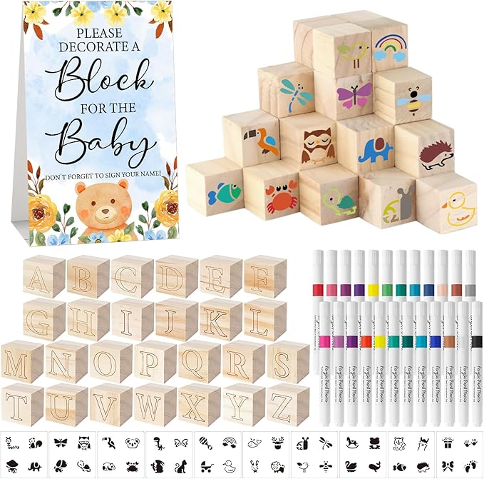 117 Pcs Baby Shower Blocks to Decorate Game Kit Includes 52 Wooden Blocks 24 Markers 1 Game Sign 40 Templates to Paint (Blue Bear)