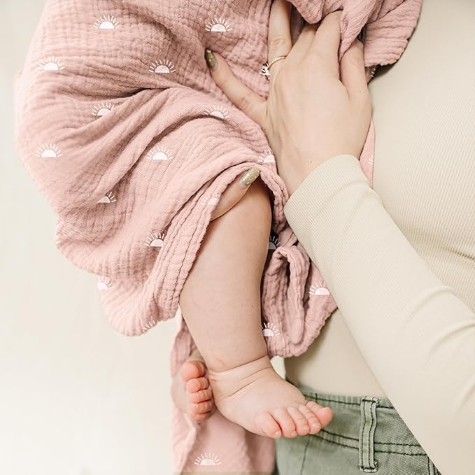 Konssy Muslin Swaddle Blankets for Baby Girls Boys, 3 Pack Receiving Blanket Large 47 x 47 inches, Soft Breathable Muslin Baby Blanket for Unisex Newborn (Peach Blossom Sun)