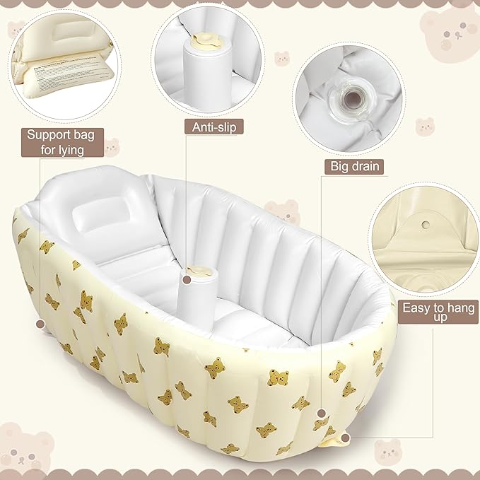 Mink Newborn to Toddler Bath Tub,Inflatable Baby Bathtub with Built-in Air Pump,Portable Travel Shower Basin with Back Support, Deflates and Folds Easily (Bear tub)