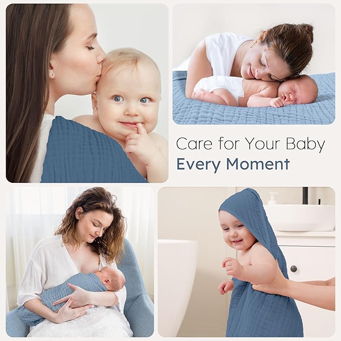 Looxii Baby Bath Towels 2 Pack Muslin Hooded Baby Towels for Newborn and Infants, 100% Cotton, Large 32x32Inch, Soft and Absorbent Gradient Blue