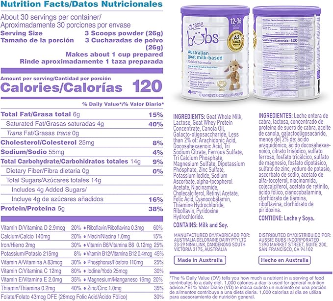 Aussie Bubs Australian Goat Milk-Based Toddler Formula, For Kids 12-36 months, Made with Fresh Goat Milk, 28.2 oz