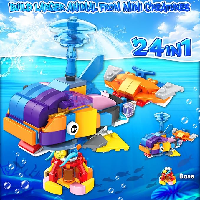 24 Packs Party Favors for Kids, 637 PCS 24in1 Marine Animals Small Fish Toys Mini Building Blocks Set for Goodie Bag Stuffers Classroom Prizes, Easter Birthday Gift for Boys Girls Ages 6-12