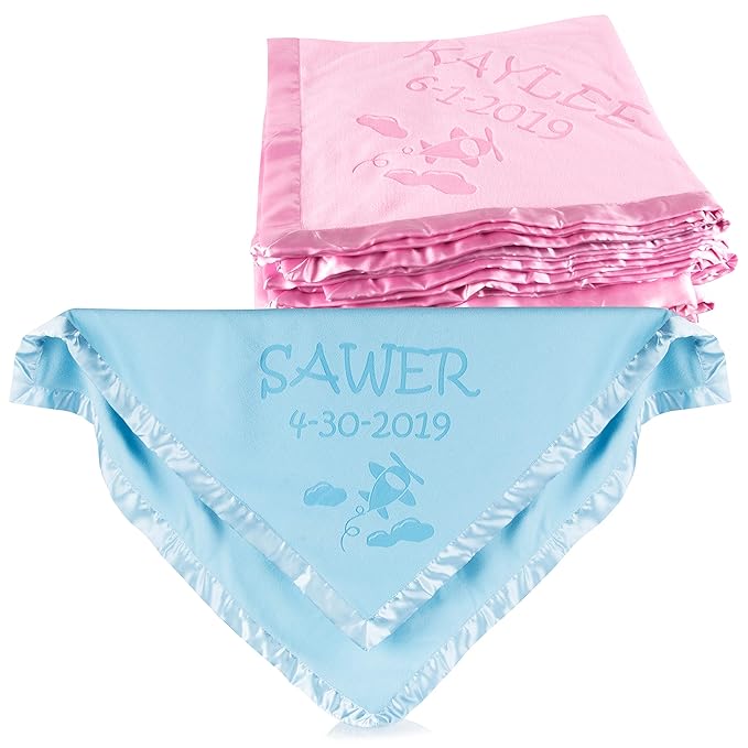 Custom Catch Ships Next Day from Vermont - Personalized Airplane Baby Blanket - Boy Name Gift - Blue or Pink (2 Text Lines)