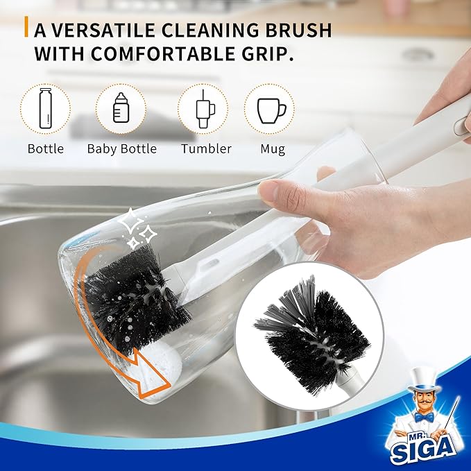 MR.SIGA Water Bottle Brush and Straw Cleaner Brush, Long Handle Bottle Cleaner Brush, 2 in 1 Bottle Cleaning Brush for Sports Bottles, Baby Bottles, Mugs, Straws