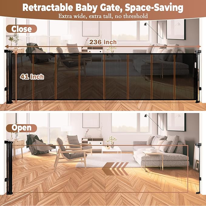 236" Retractable Baby Gate Extra Wide, 41" Tall Retractable Dog Gate for Stairs, Doorways, Decks, Mesh Gate Long Child Gate Pet Gate for Indoor, Outdoor, with Reinforced Mesh Rods, Dual Locks