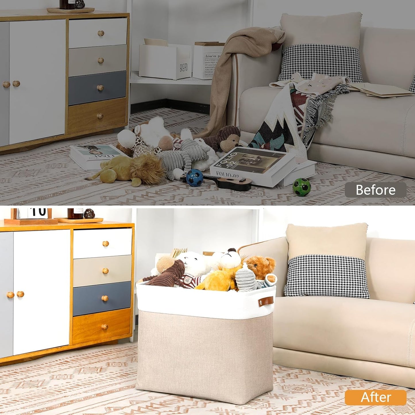 DULLEMELO Large Storage Baskets for Organizing, Canvas Storage Bins Big Baskets With Handles for Shelf Clothes Empty Gift Basket (White&Khaki)