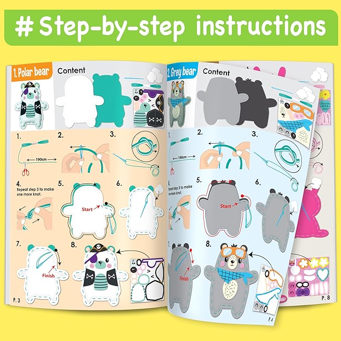 EZCRA Easy Arts and Crafts for Kids - No Mess Sewing Kit for Kids - 4 Easy to Do Bear Sewing Projects - Fun Felt Stickers - Tools with Instruction - Gifts for Boys and Girls Age 4,5,6,7,8