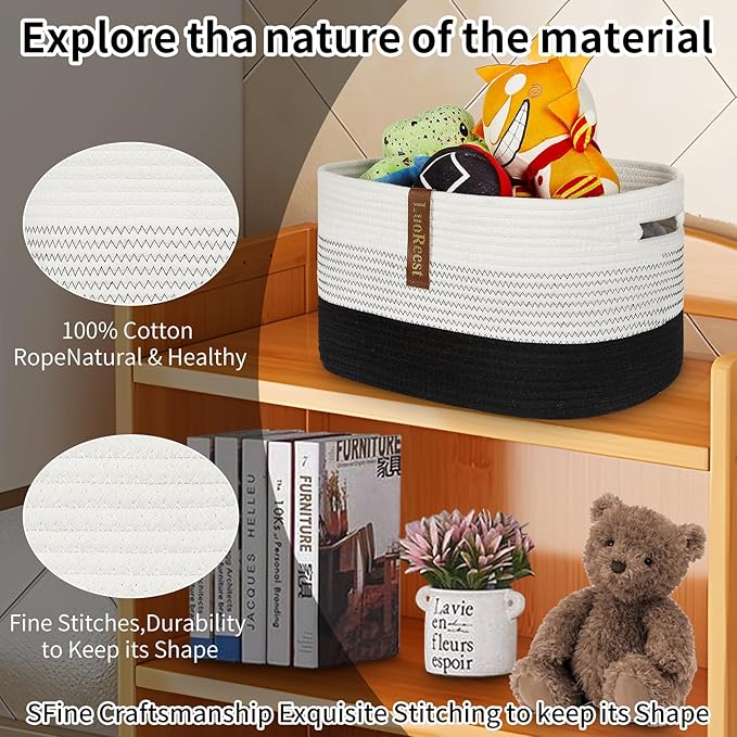 15"x10"x9" Storage Basket (3 Pack), Woven Baskets for Shelves, Blanket Storage for Living Room, Toy Basket for Nursery, 100% Cotton Rope, Safe for Baby