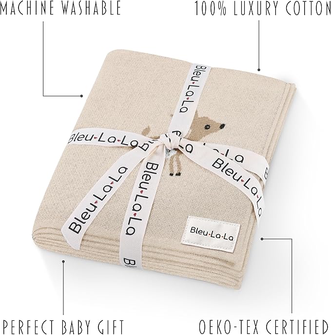 Knit Baby Swaddle Blanket - 100% Cotton Soft Cozy Receiving Swaddling Stroller Blanket Quilt for Shower Gift Registry for Newborns Infants Toddlers Gender Neutral (Deer - Taupe)