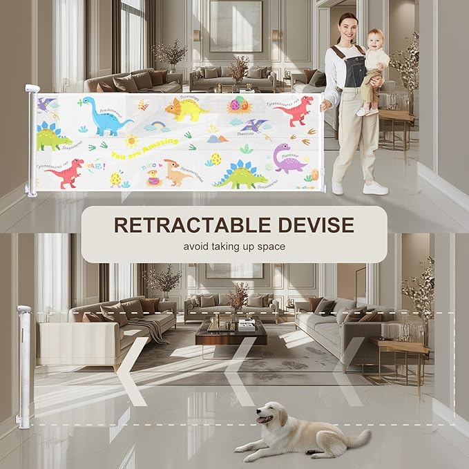 Retractable Baby Gate for Doorways and Stairs, Mesh Safety Gate for Pet, Indoor & Outdoor Use, One-Hand Operation, Easy Installation, 34" Tall, Expands to 130" Wide,Dinosaurs,34"x130"