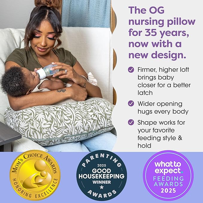 Boppy Nursing Pillow - Ergonomic Bottle & Breastfeeding Pillow, Higher, Firmer & Larger, Water-Repellent with Washable Organic Cotton Cover, Baby Safety Alliance Verified - Green Cut Out Leaves