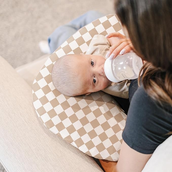 Konssy 2 Pack Nursing Pillow Covers, Stretchy and Soft Nursing Cover for Breastfeeding Pillows, Pillow Slipcover for Baby Girls Boys Newborn (Moon,Coffee Check)