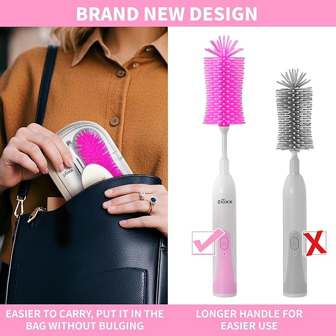 Electric Bottle Brush Cleaner New Upgrade, Portable Electric Baby Bottle Brush Cleaner for Travel, Travel Bottle Cleaner Kit with Nipple & Straw Brush, Perfect Mom Essentials After Birth Gift, Pink