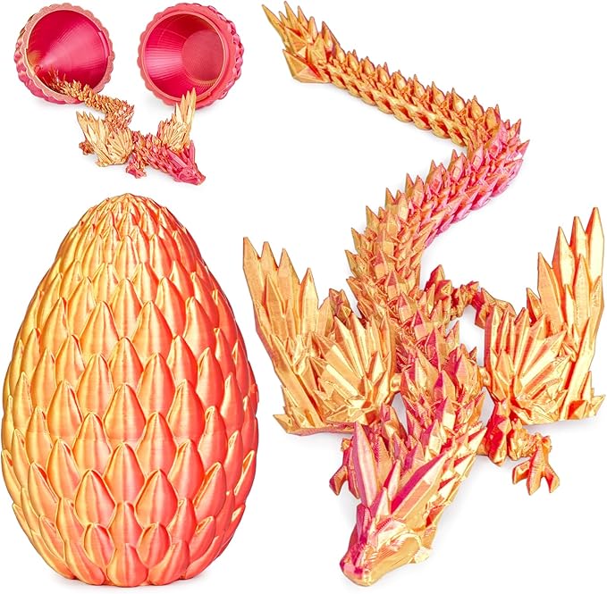 3D Printed Dragon Eggs with Articulated Fly Dragon Inside, Collectible Figurines Fidget Toy for Adults Kids Birthday Easter Christmas White Elephant Gifts for Friends Colleagues(Red Gold, M size)