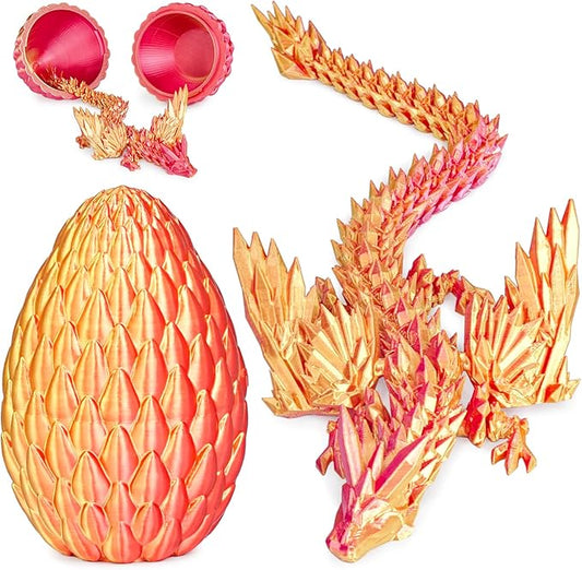 3D Printed Dragon Eggs with Articulated Fly Dragon Inside, Collectible Figurines Fidget Toy for Adults Kids Birthday Easter Christmas White Elephant Gifts for Friends Colleagues(Red Gold, M size)