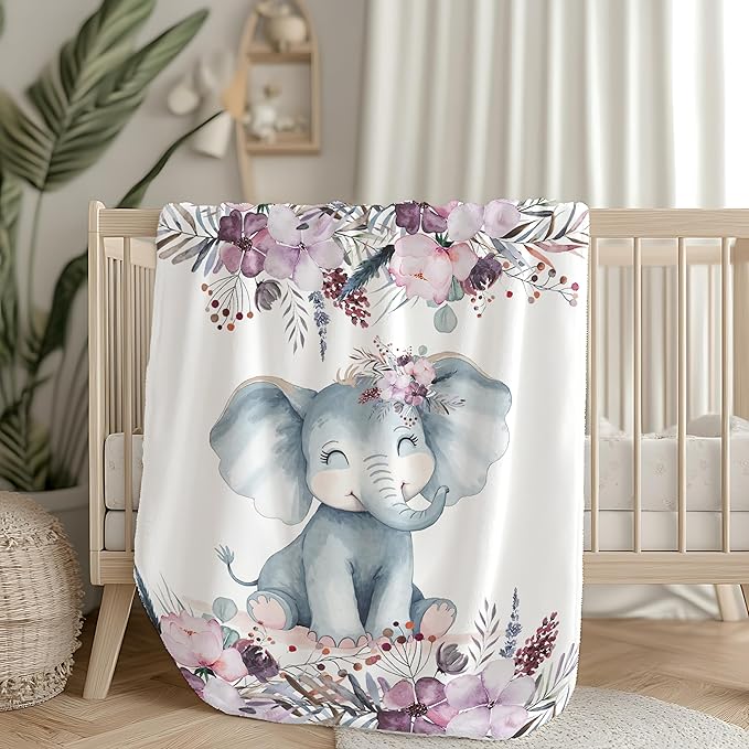 Elephant Baby Blanket, Purple Floral Baby Girl Blankets, Blanket for Girls, New Mom Newborn Gift. Birthday